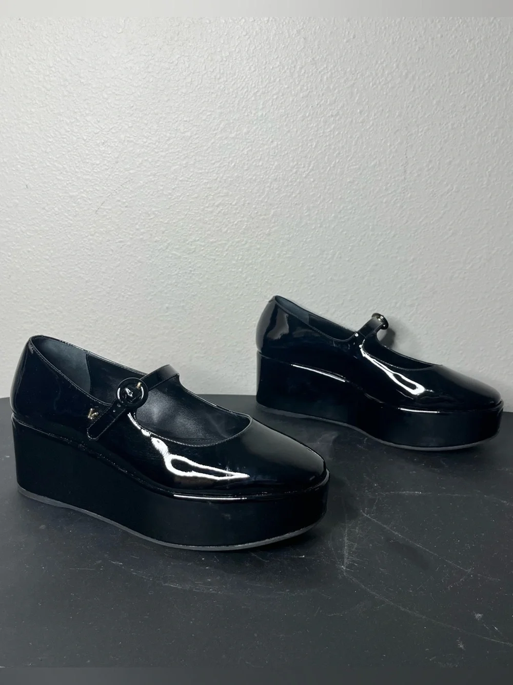 Larroude Blair Flatform Mary Jane’s Platform Wedge in Black Patent Leather